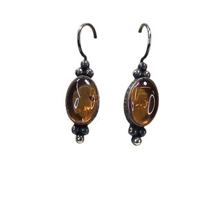 Sterling Silver Earrings Honey Amber Oval Cabochon Fish Hook Women's Pierced